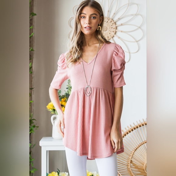 New Launch From Designer HEIMISH Full Size Waffle Knit V-Neck Babydoll Top - Picture 11 of 13
